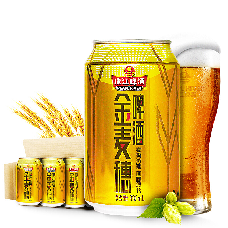 珠江啤酒 10度 珠江金麥穗啤酒 330ml*24聽