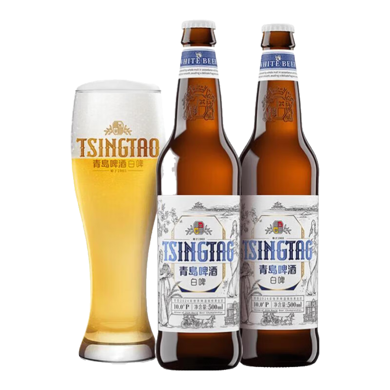 青島啤酒 TSINGTAO 10℃全麥白啤500mL 12瓶 精選麥芽釀造 贈4聽福喜系列