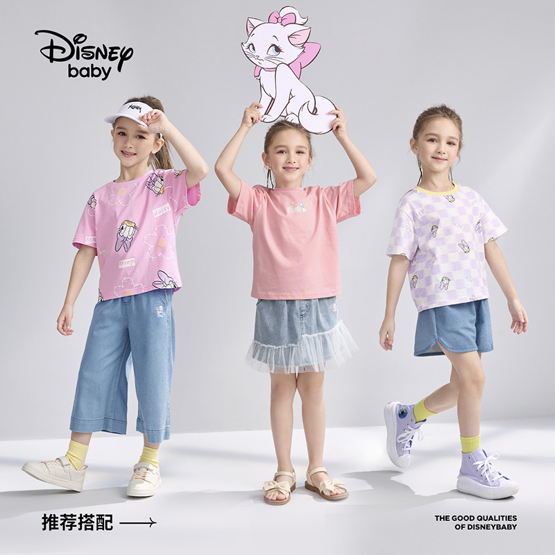 Disney baby 迪士尼女童短袖t恤2024夏新款兒童半袖
