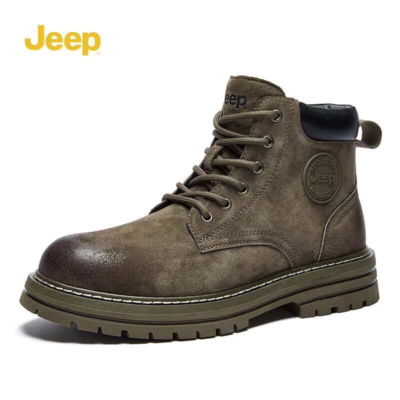 Jeep 男靴英倫復古馬丁靴中筒工裝靴大黃靴 卡其色 43