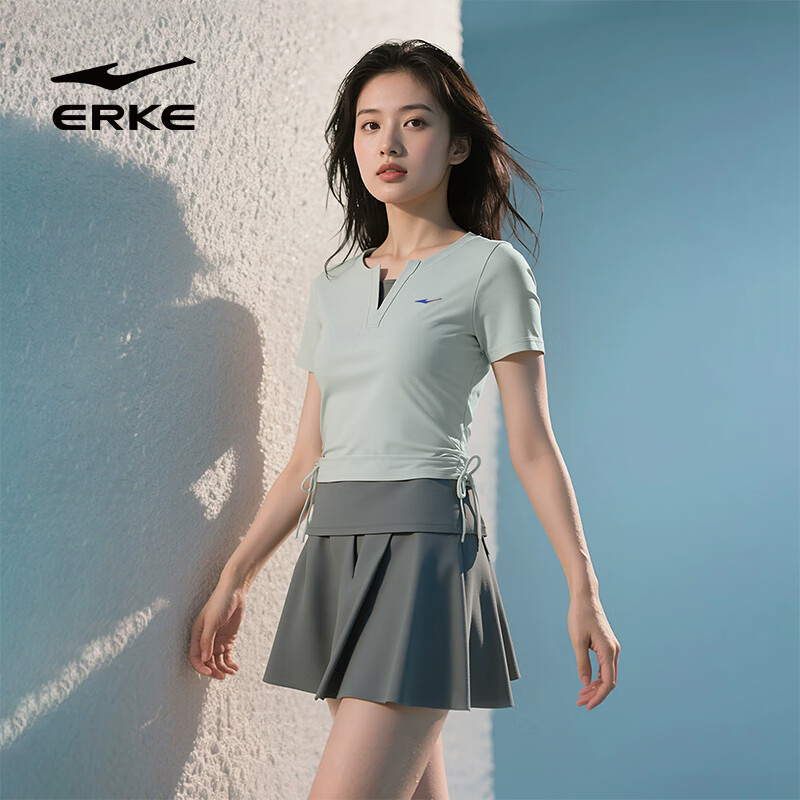 鴻星爾克 泳衣女分體裙式保守微胖女孩顯瘦運動泡溫泉大碼泳裝 XL 牛油果綠拼深灰