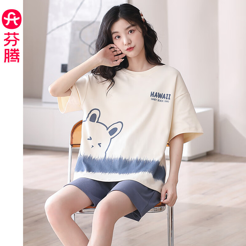 芬騰 睡衣女款夏季薄款純棉短袖套頭大碼寬松夏天可外穿家居服套裝