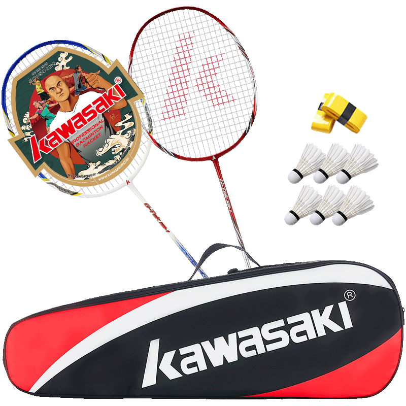 PLUS會員：KAWASAKI 川崎 羽毛球拍 雙拍超輕碳素耐打 已穿線+6球+手膠+拍包