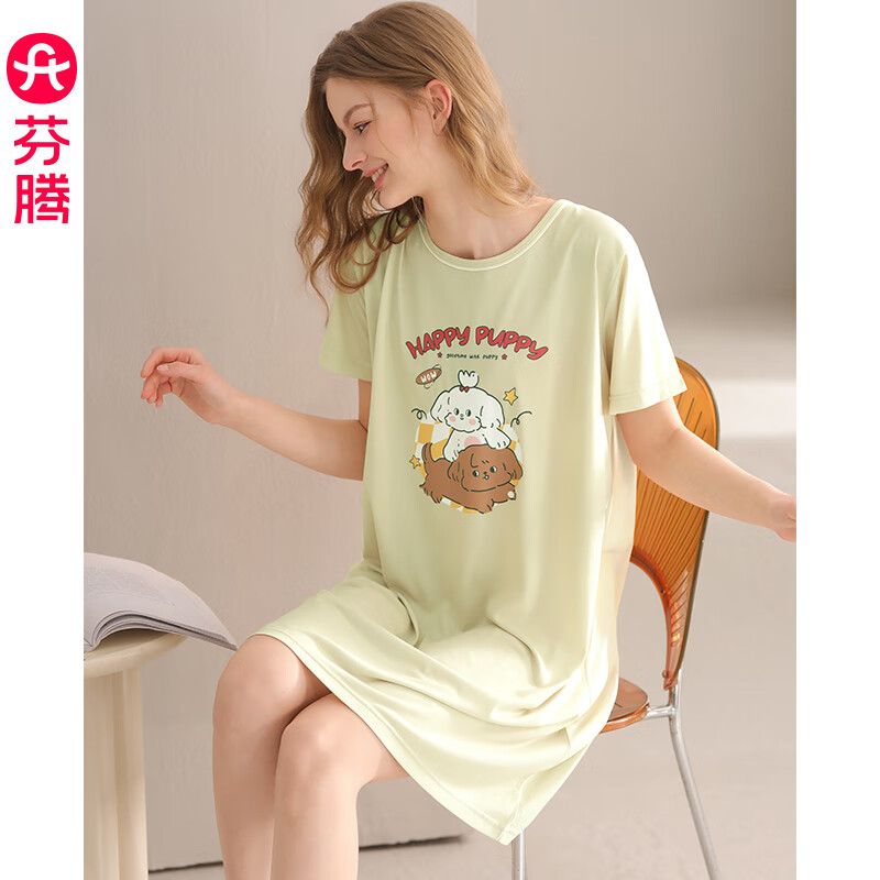芬騰 睡裙女士夏季薄款短袖睡衣中裙女款寬松休閑卡通可愛家居服 果綠