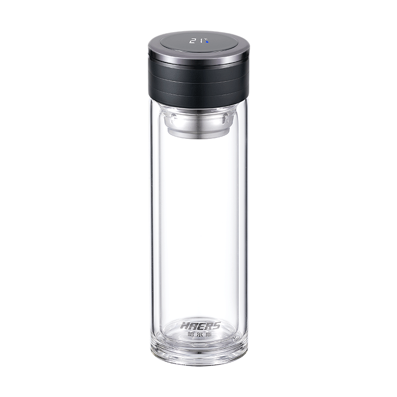 哈爾斯 高硼硅玻璃杯 茶水分離 睿智黑320ml 雙層隔熱+數(shù)顯