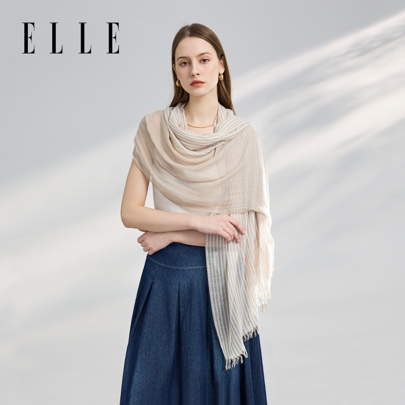 ELLE 亞麻絲巾女士春夏秋季薄款披肩長款時尚百搭圍巾外搭護頸搭配