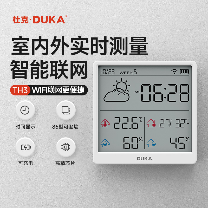 杜克 DUKA 溫濕度計 TH3 室內時鐘 wifi家用數顯 白色