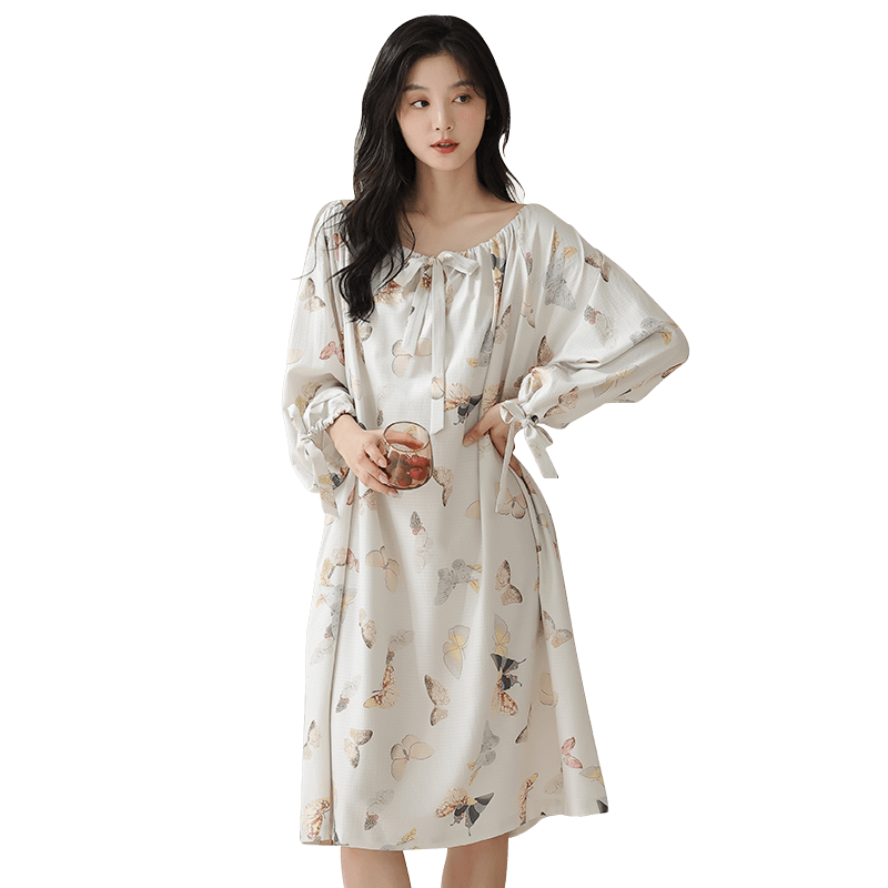 貓人 新中式女士睡衣春夏季蝴蝶紋女士長袖睡裙復古國風家居服睡衣女