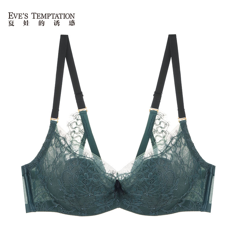 Eve's Temptation 夏娃的誘惑 如畫組內衣女夏季薄款透氣性感蕾絲文胸聚攏上托防下垂收副乳胸罩 苔綠色 70B