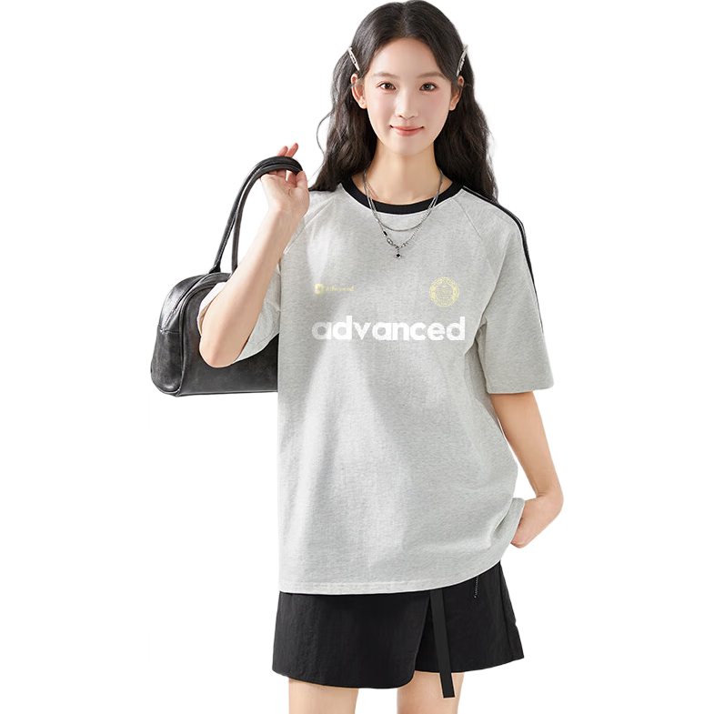 真維斯（JEANSWEST）短袖T恤女2025夏季新款二條杠插肩美式純棉寬松撞色T恤女