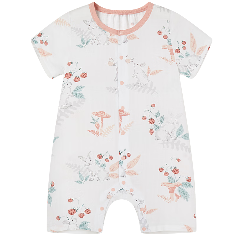 ibaby嬰兒連體衣夏季薄款短袖寶寶爬爬服草莓兔兔