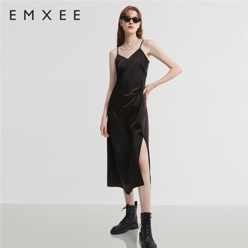 嫚熙（EMXEE）孕婦裝秋裝連衣裙洋氣時髦百搭遮肚子不顯懷孕婦裙女 黑色【縮褶款】 M
