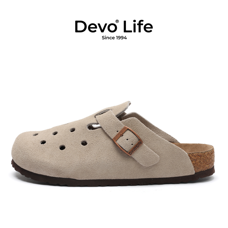 的沃 Devo 軟木拖鞋半包休閑時尚可愛包頭半拖套腳洞洞鞋女22002