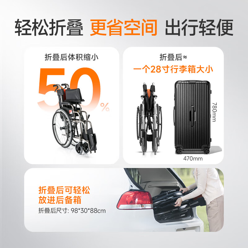 魚躍 輪椅車H062折疊老人輕便免充氣鋁合金旅行手推代步車