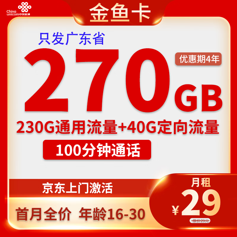 中國聯(lián)通 廣東省卡 金魚卡29元（270G全國流量+100分鐘+首月免月租）