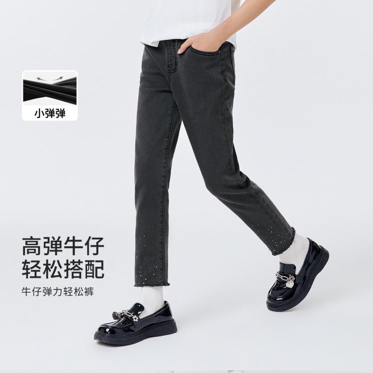巴拉巴拉 磨毛木耳邊牛仔褲女童春秋款童裝兒童褲子中大童長褲子修身有彈力