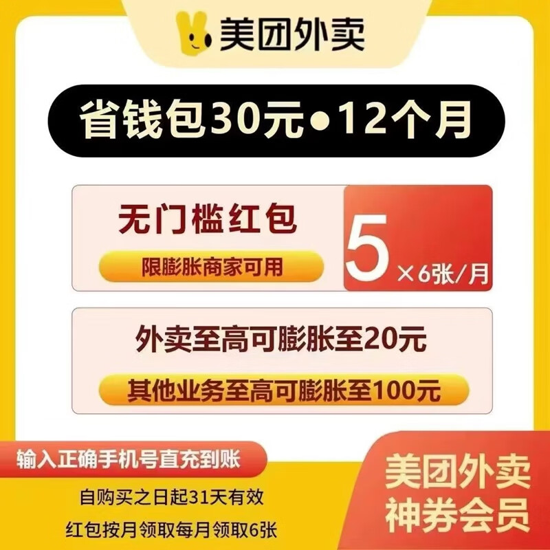 美團 外賣神會員卷 每個月6張5元無門檻神券