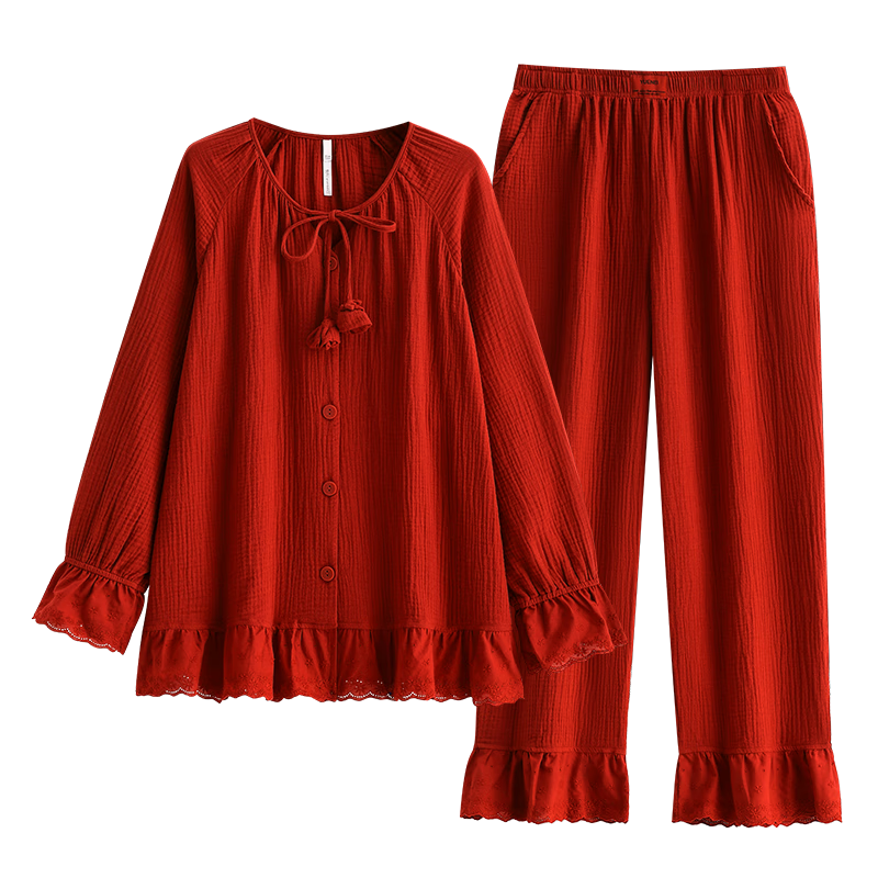 PLUS會員：悅內紅色睡衣結婚新婚情侶套裝全棉純棉紗布春秋家居服男女一對本命年 22307中國紅 女款 M (男90-110斤/女90-110斤)