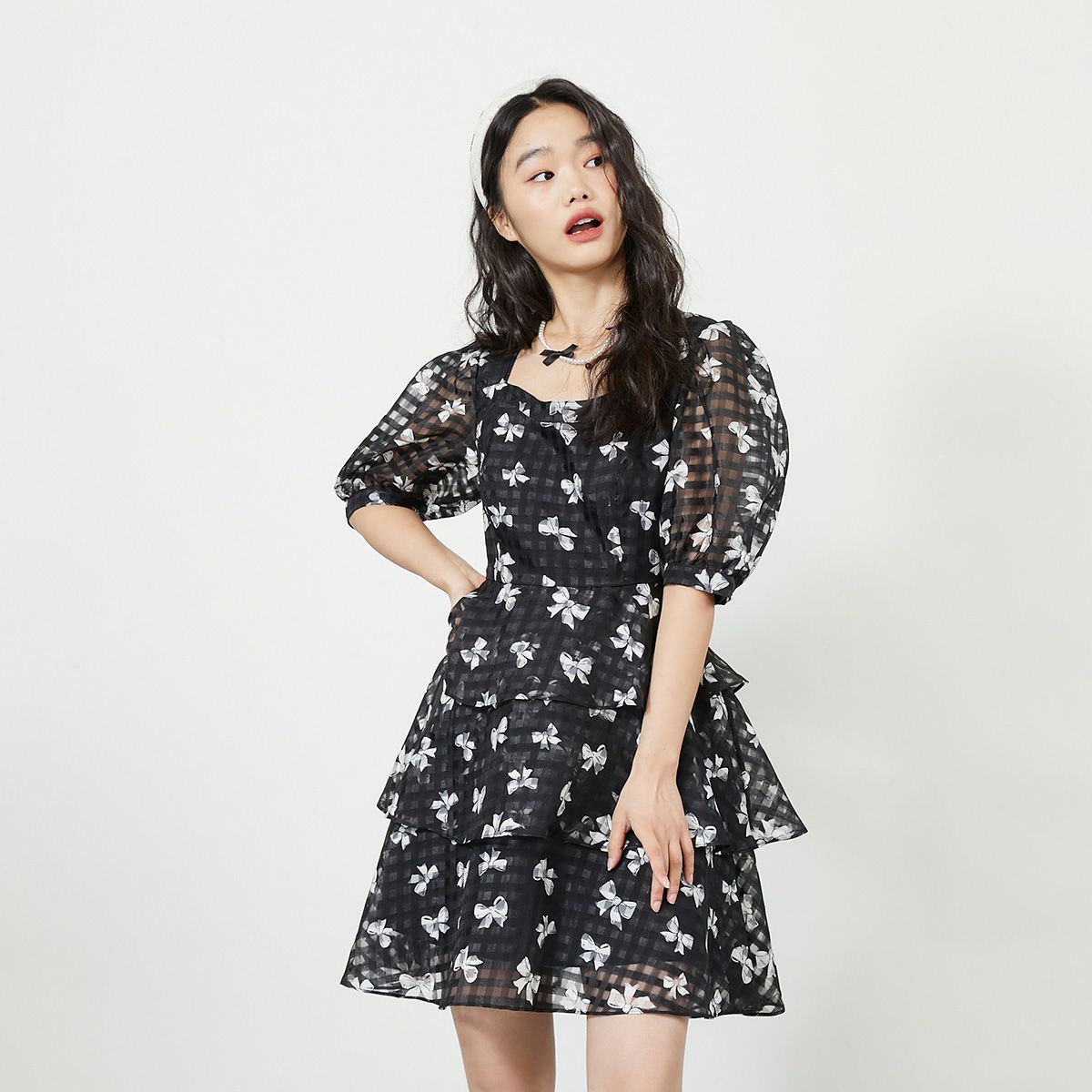 ONLY 秋季短袖裙蛋糕裙格子碎花連衣裙女