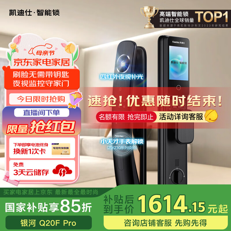 國家補貼、PLUS會員：凱迪仕 智能門鎖可視貓眼密碼鎖指紋鎖 人臉識別智能鎖 Q20F Pro