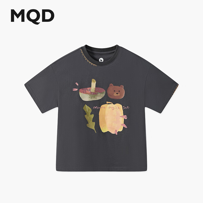 馬騎頓（MQD）男大童夏季新品學院風潮酷休閑小熊蔬菜印花親膚柔軟短袖T恤 碳黑 140