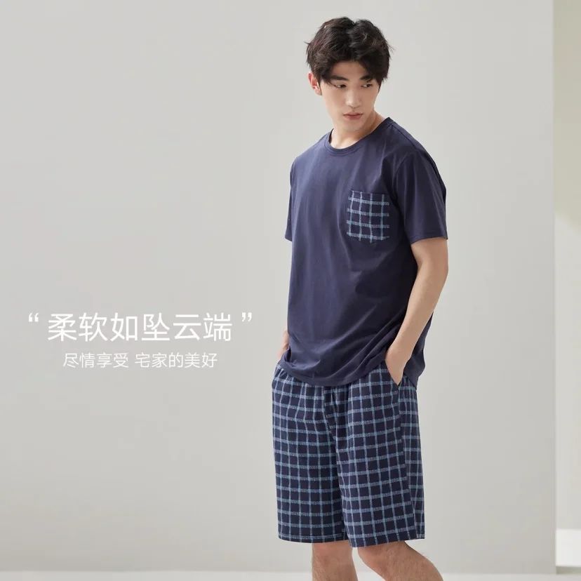 10點：海瀾之家 【棉柔舒適】春夏男士家居服套裝格紋短袖短褲男睡衣男休閑可外穿
