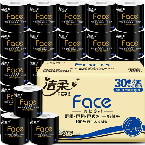 再降價、plus會員：潔柔有芯卷紙 黑Face4層140克*30卷 整箱8.4斤*5件+贈斧頭牌金駿青梅果蔬餐具洗潔精1.01kg*5件