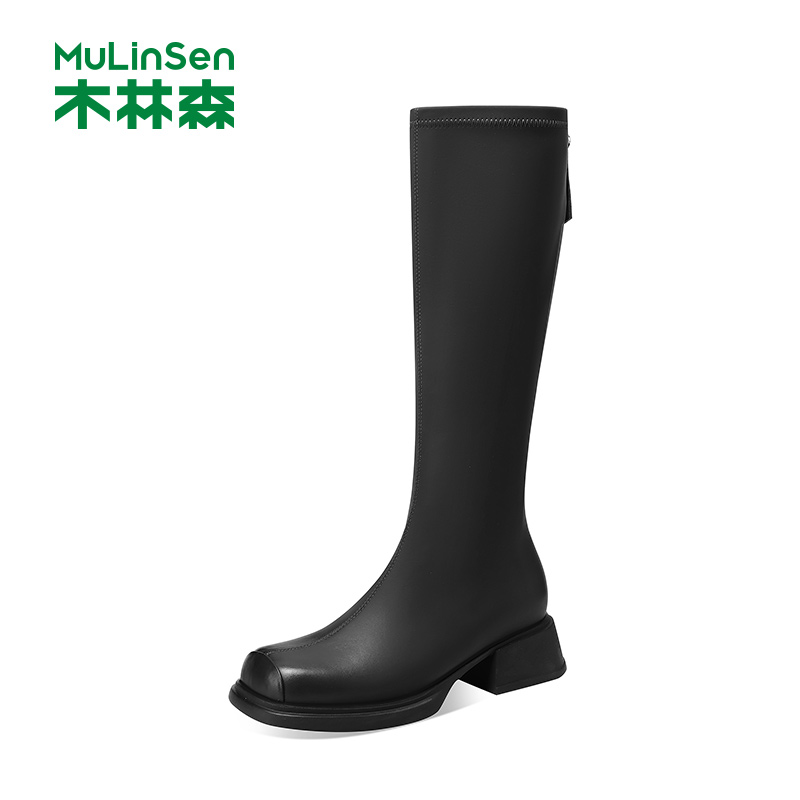 MULINSEN 木林森 不過膝長筒靴女士2024冬季新款小個子厚底增高百搭顯瘦長靴