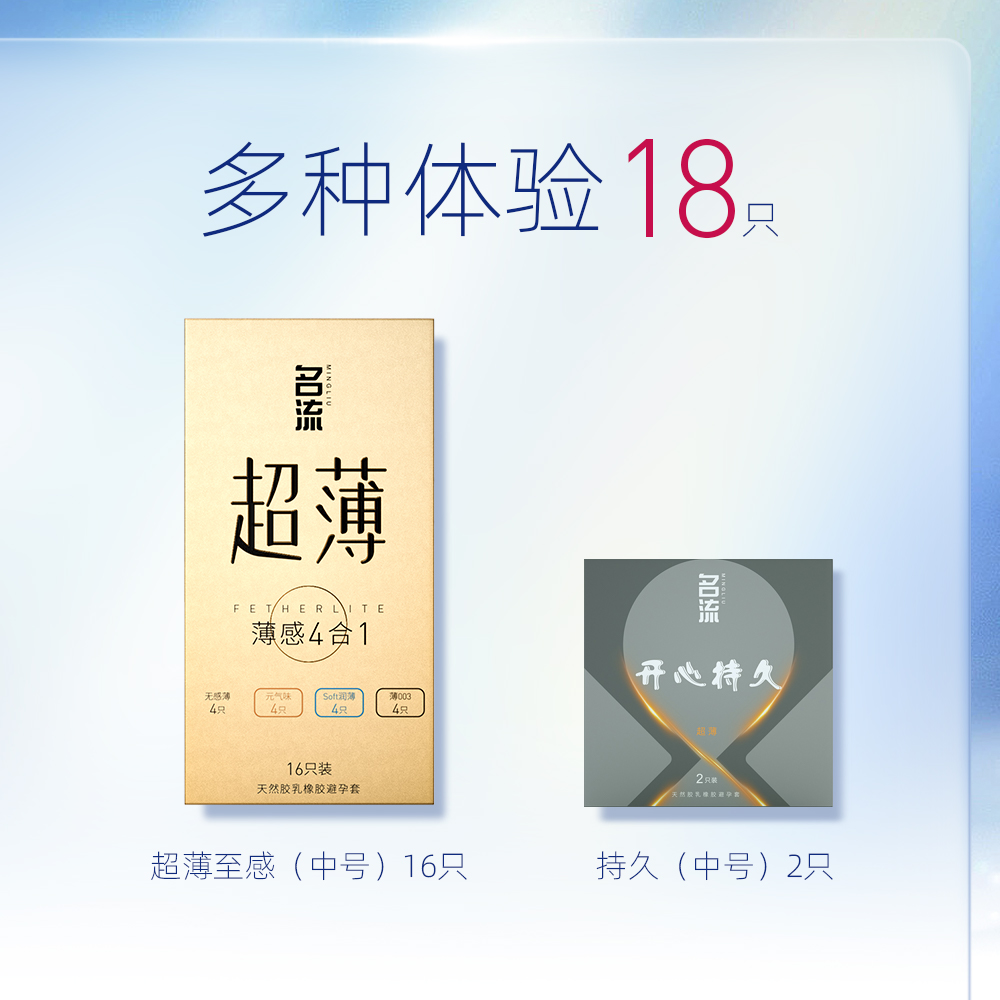 名流 安全套嘗鮮體驗裝 18只（超薄4合一16只+贈持久2只）