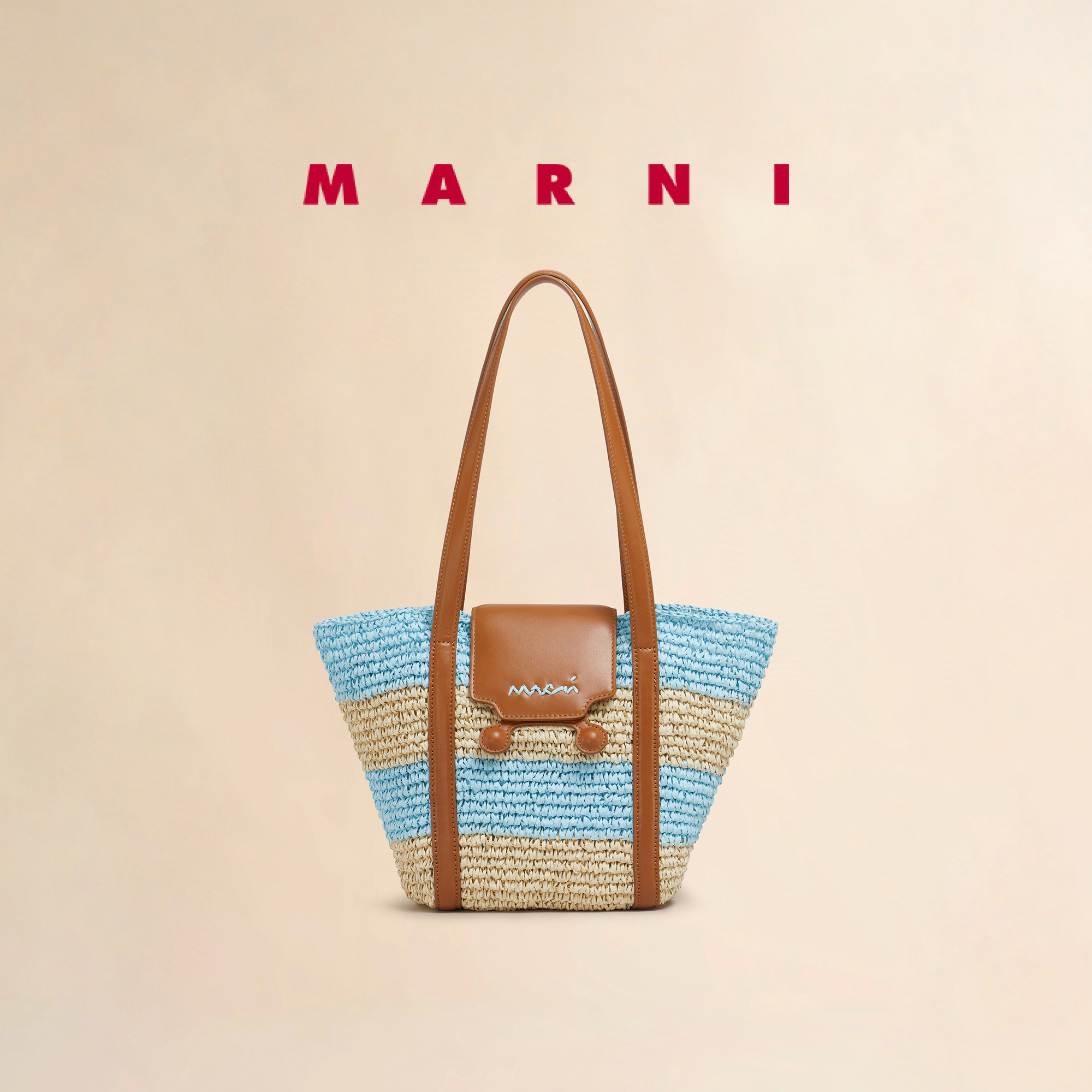 MARNI 2025春夏 女士 RIVIERA條紋草編單肩包 SHMP0117U0P8309ZO934