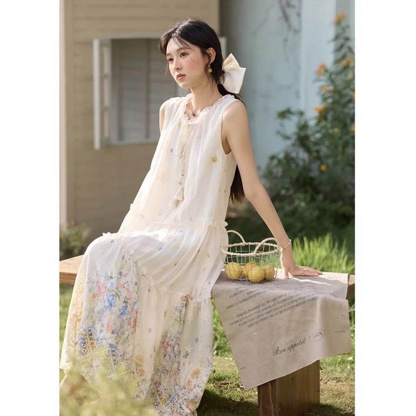 謎秀 滿印重工刺繡木耳邊連衣裙女2025夏季寬松顯瘦長裙子