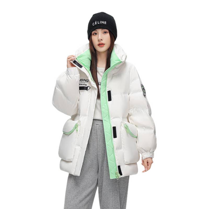 雪中飛【反季清倉】撞色克萊茵藍工裝大口袋中長款羽絨服