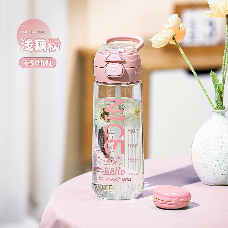 景盞 大容量運動水壺噸噸桶男士健身便攜防摔 650ml 吸管塑料杯＋隨手杯粉 PC杯