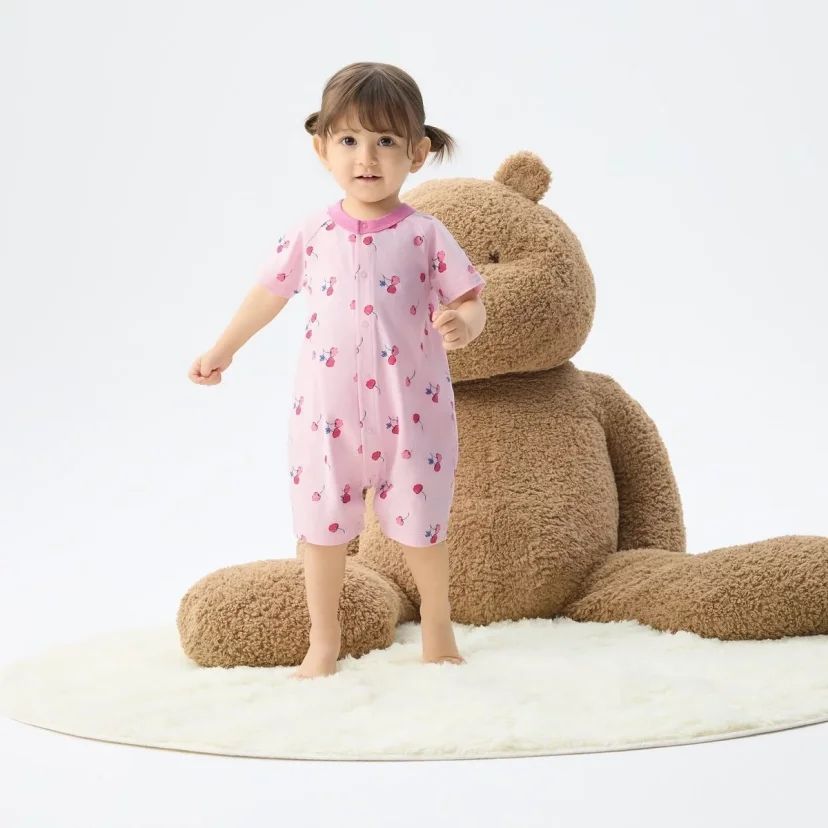 Gap嬰兒2025夏季款滿印撞色圓領短袖連體衣兒童裝舒適774562