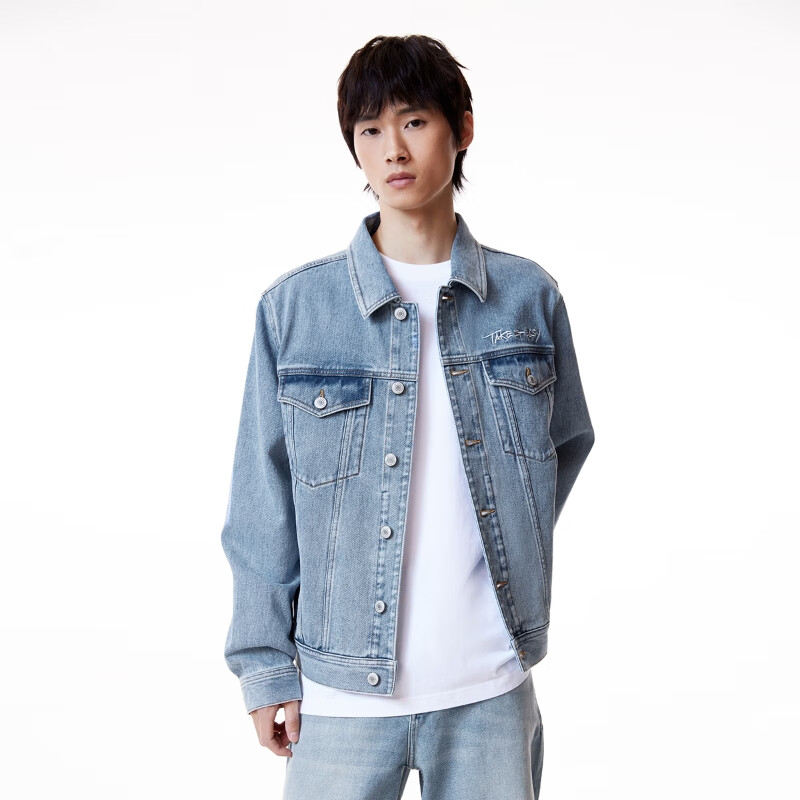 JACK&JONES 杰克瓊斯 男裝牛仔外套秋季上新潮流休閑百搭翻領 中藍牛仔