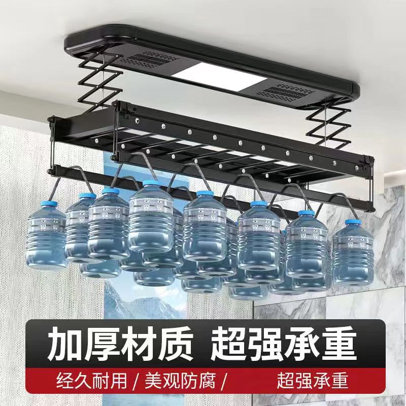 雷晴 電動晾衣架陽臺智能晾衣機遙控語音升降智能烘干晾衣架 黑色-照明+遙控(雙桿款)
