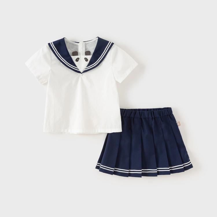 戴維貝拉 女童半裙套裝2024夏裝寶寶百褶裙水手服學院風制服兩件套