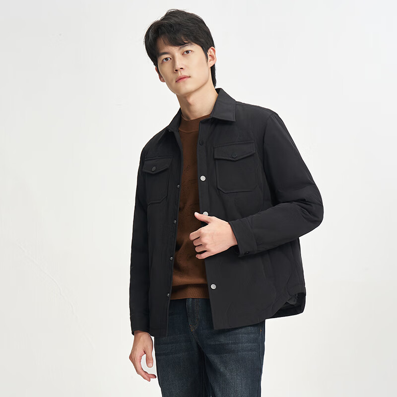 才子 男士羽絨服經典翻領短款輕盈保暖羽絨服外套春秋新款工裝口袋 黑色 XL (175/92A) 多號可選