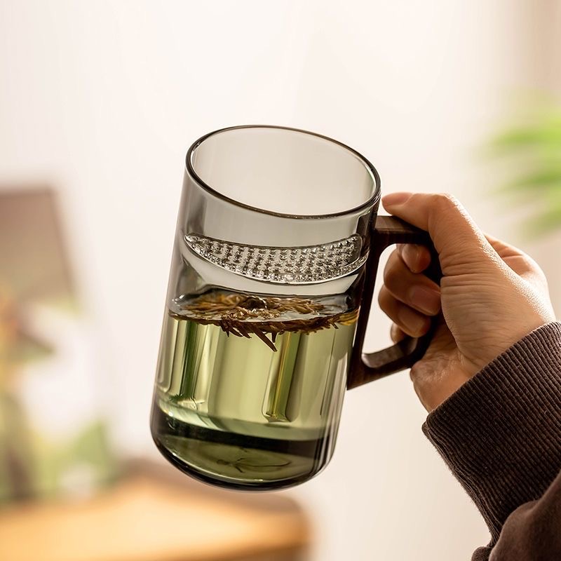 溥畔 月牙水分離辦水杯 茶漏一體杯550ml青灰-木把