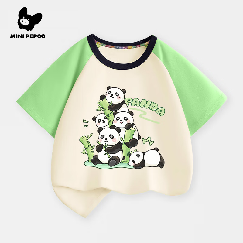 MINI PEPCO小豬班納童裝男童短袖t恤純棉兒童夏季時尚插肩袖小男孩寬松夏裝 綠色可愛熊貓 150