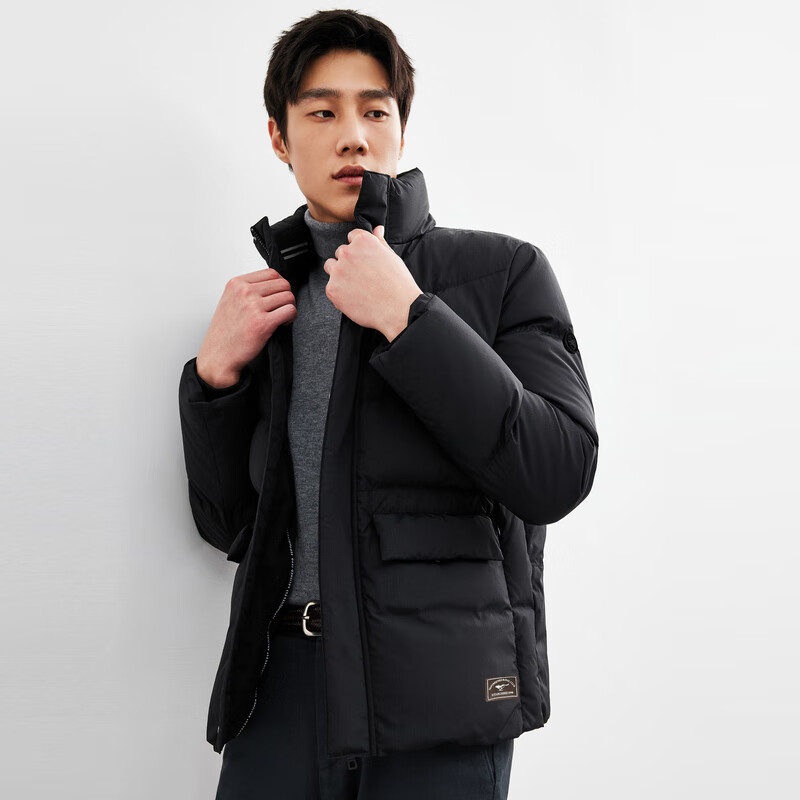 20點開始、需首單、PLUS會員：SWJEANS 七匹狼 立領(lǐng)短款羽絨服 001 黑色