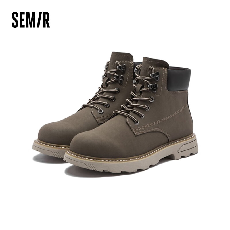 Semir 森馬 官方正品男款馬丁靴2024冬季新款加絨厚底英倫風(fēng)中幫短靴大黃靴男 咖色 40