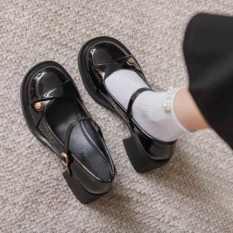 瑪麗珍中跟粗跟小皮鞋女2024秋季新款酒紅色伴娘婚鞋厚底高跟單鞋