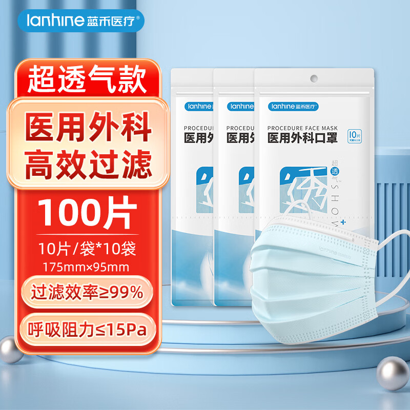 藍禾醫療 lanhine 超透氣一次性醫用外科口罩成人兒童口罩滅菌級輕薄透氣不悶獨立裝 成人超透氣10袋 藍（獨立裝）