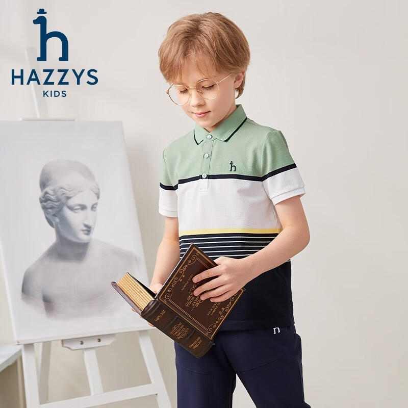 HAZZYS 品牌童裝男童2023年夏新款彈力透氣休閑簡約利落翻領短袖polo衫 霧草綠 120