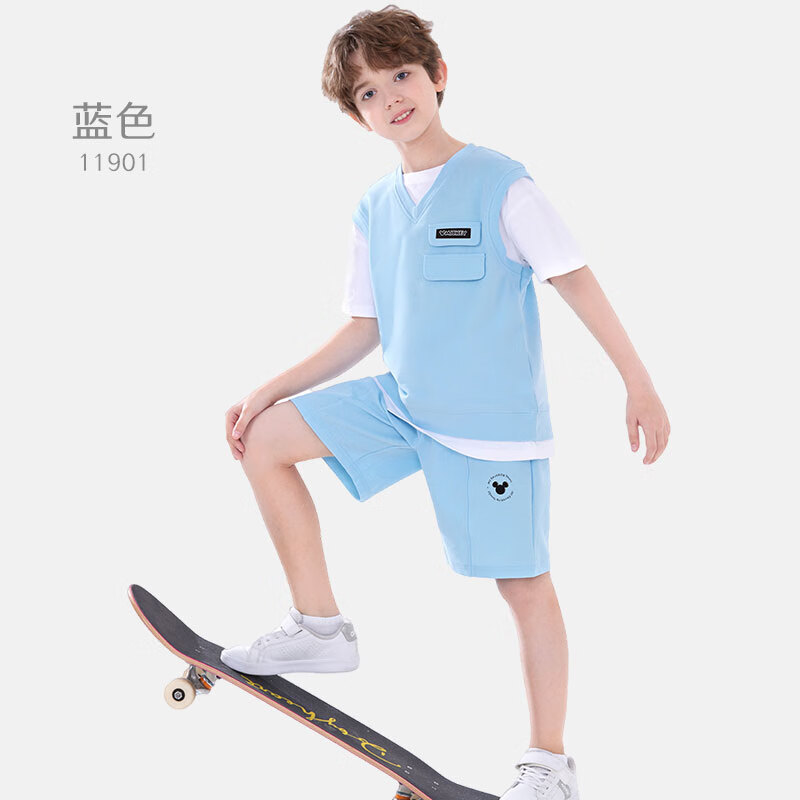 迪士尼 男童套裝春夏薄款兒童純棉運(yùn)動(dòng)服大童清涼短袖短褲兩件套 TD2DT008元?dú)馑{(lán) 140