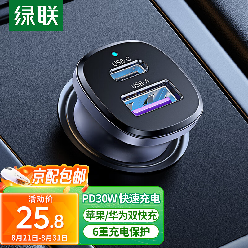 UGREEN 綠聯 車載充電器點煙器超級快充頭轉換器 PD30W快充