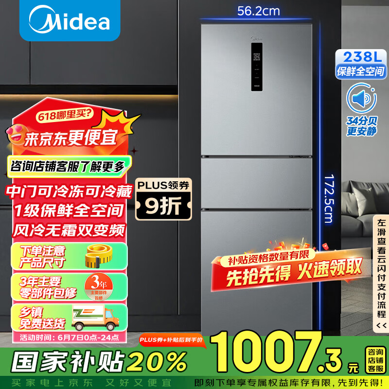 美的 MR-249WTPE 三開門冰箱 249升 雙變頻 一級能效 風冷無霜