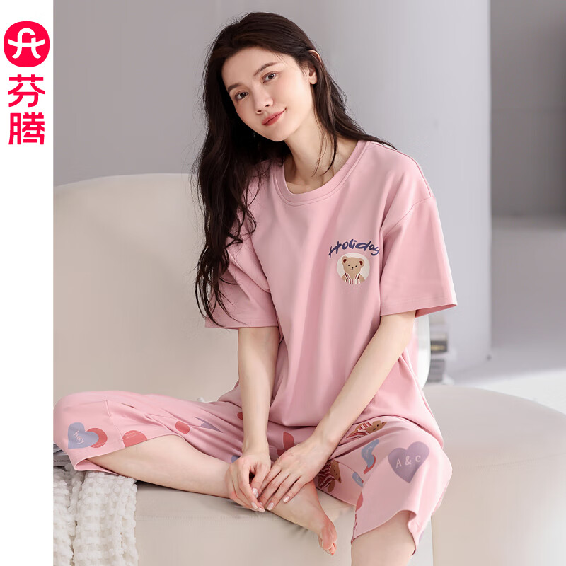 芬騰 100%棉睡衣女夏天純棉短袖七分褲薄款大碼家居服套裝2024年 FX25920068豆沙紅