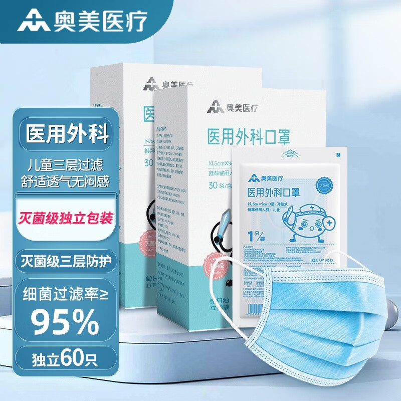 奧美醫療 兒童醫用外科口罩 滅菌級一布獨立包裝4-12歲兒童尺寸 兒童醫用外科口罩 獨立裝60只/2盒
